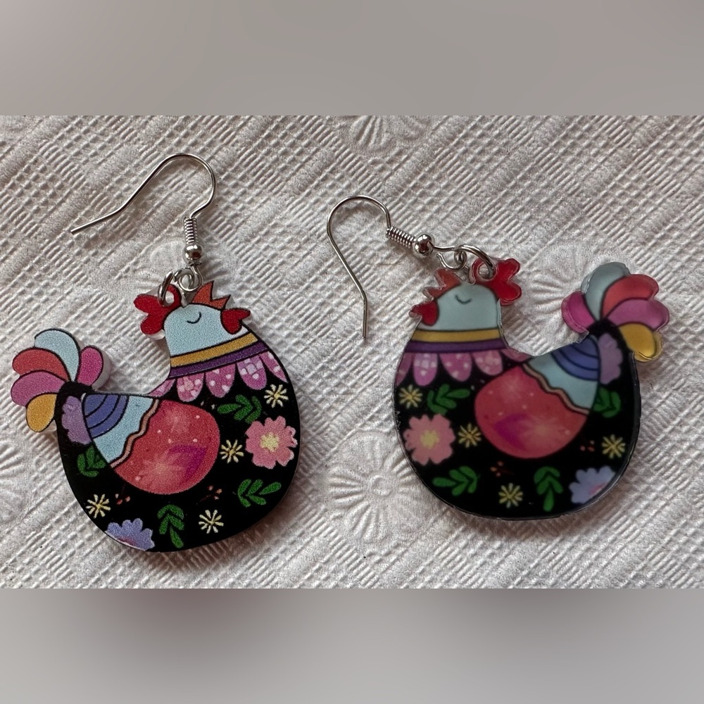 Colorful Whimsical Cartoon Hen Blue Black Pink Floral Chicken  Earrings